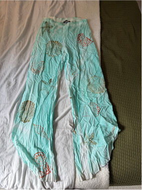 Women's T Party Wide Leg Pants Size S Blue White Seashell Print